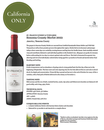 NEW PACKAGING (CA ONLY!) Sonoma County Merlot 2023 Fact Sheet