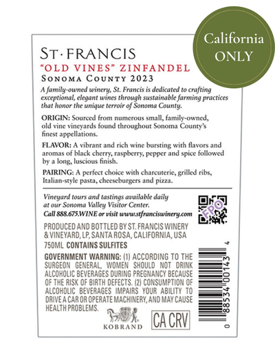 NEW PACKAGING (CA ONLY!) Sonoma County Old Vines Zinfandel 2023 Back Label