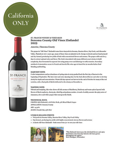 NEW PACKAGING (CA ONLY!) Sonoma County Old Vines Zinfandel 2023 Fact Sheet