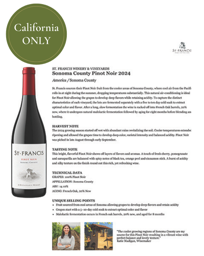 NEW PACKAGING (CA ONLY!) Sonoma County Pinot Noir 2024 Fact Sheet