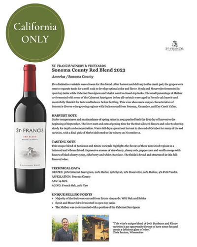 NEW PACKAGING (CA ONLY!) Sonoma County Red Blend 2023 Fact Sheet