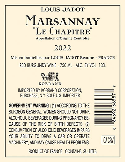 Marsannay Le Chapitre 2022 Back Label