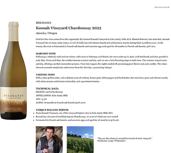 Koosah Vineyard Chardonnay 2023 Fact Sheet