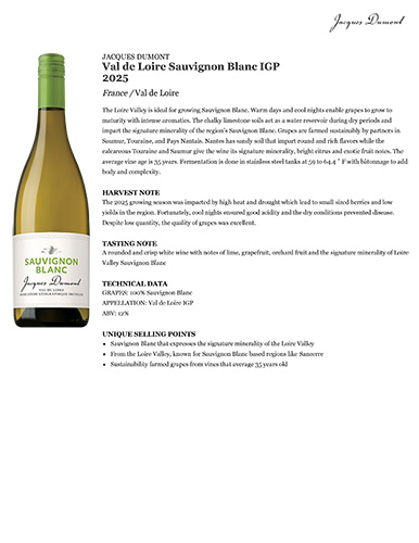 Val de Loire Sauvignon Blanc IGP 2025 Fact Sheet