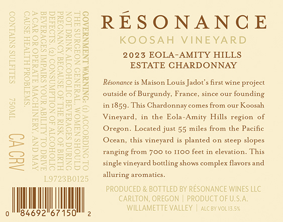 Koosah Vineyard Chardonnay 2023 Back Label