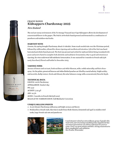 Kidnappers Vineyard Chardonnay 2025 Fact Sheet