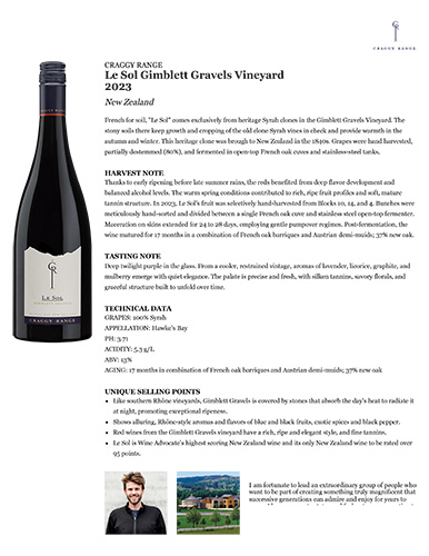 Le Sol Gimblett Gravels Vineyard 2023 Fact Sheet