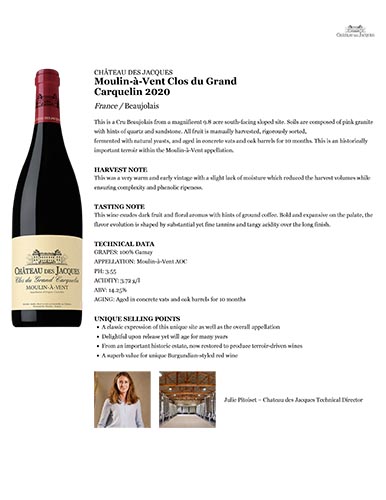 Moulin-à-Vent Clos du Grand Carquelin 2020 Fact Sheet