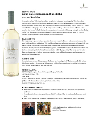 Napa Valley Sauvignon Blanc 2025 Fact Sheet