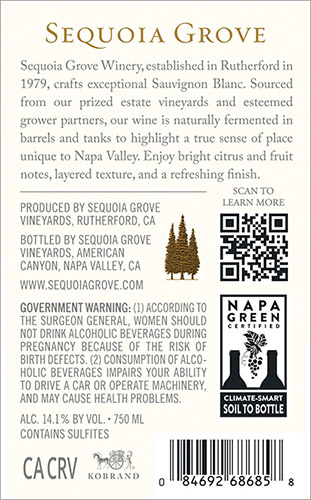Napa Valley Sauvignon Blanc 2025 Back Label