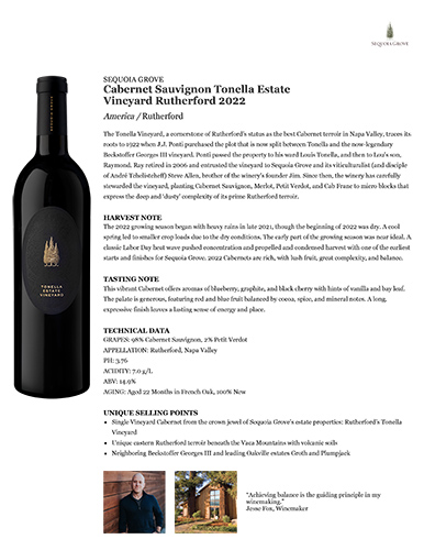 Cabernet Sauvignon Tonella Estate Vineyard Rutherford 2022 Fact Sheet