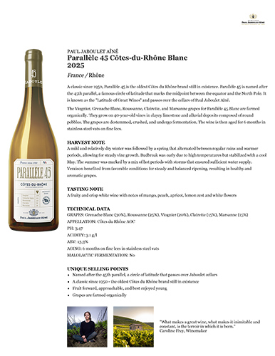 Parallèle 45 Côtes-du-Rhône Blanc 2025 Fact Sheet
