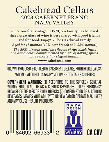 Napa Valley Cabernet Franc 2023 Back Label
