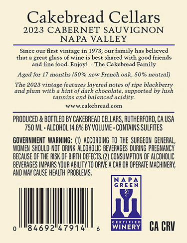 Napa Valley Cabernet Sauvignon 2023 Back Label