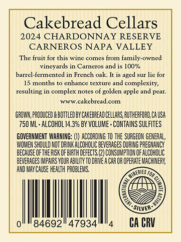 Napa Valley Chardonnay Reserve Back Label 2024