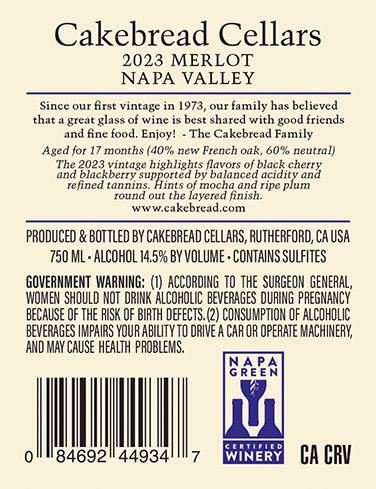 Napa Valley Merlot 2023 Back Label