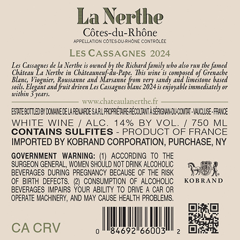 Les Cassagnes de La Nerthe Côtes du Rhône Blanc 2024 Back Label