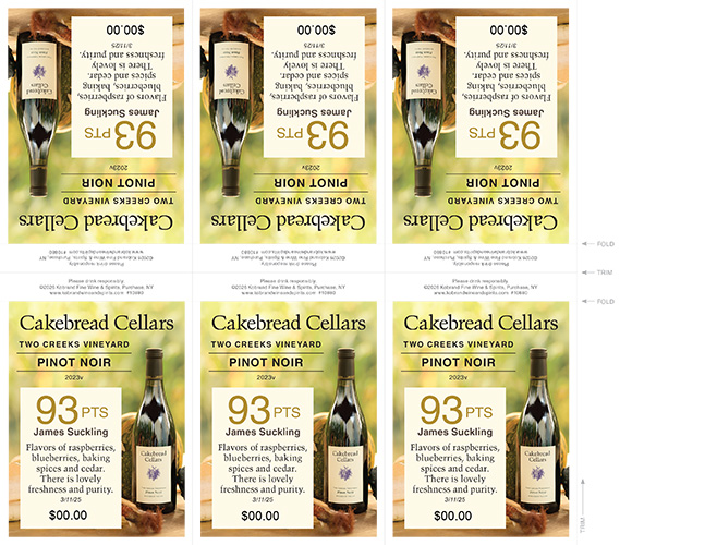 Two Creeks Vineyard Pinot Noir 2023 James Suckling Shelf Talker – 93 Points