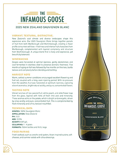 Infamous Goose Sauvignon Blanc 2025 New Packaging Sell Sheet