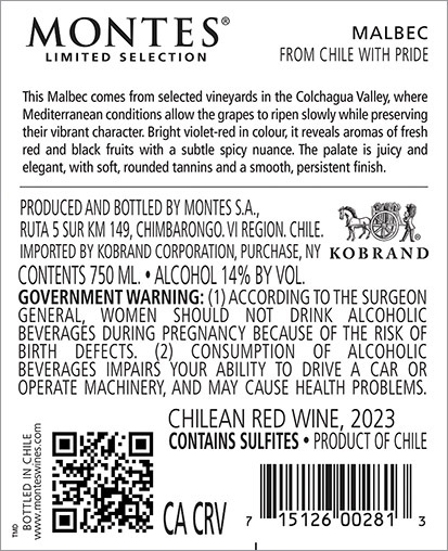 Limited Selection Malbec 2023 Back Label
