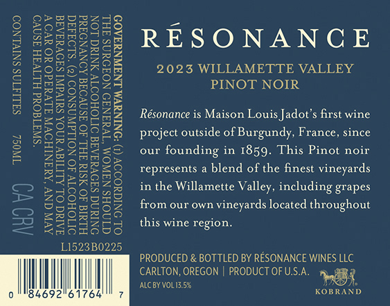 Willamette Valley Pinot Noir 2023 Back Label